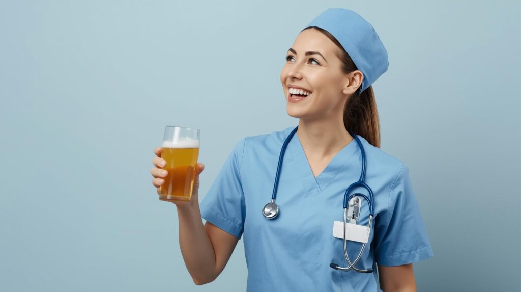 ビールを片手にもつ看護師