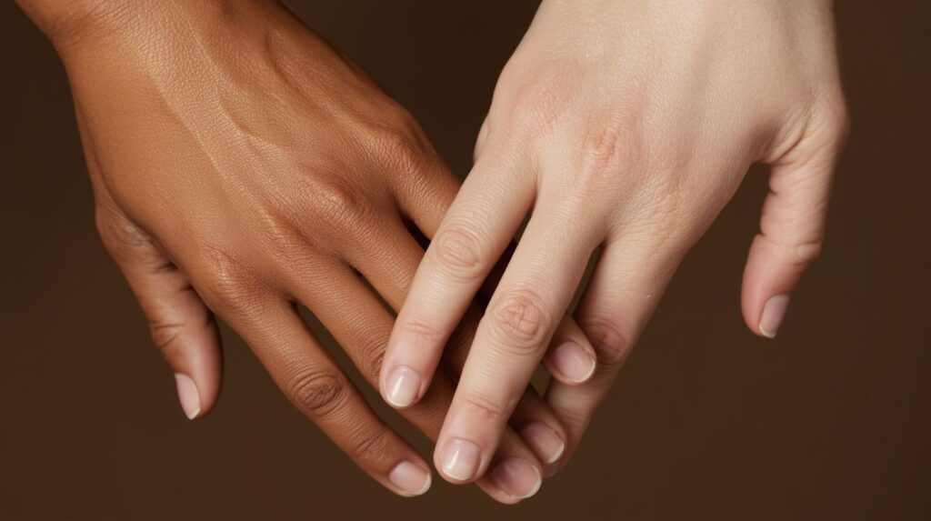 日焼けした手と色白の手を重ね合わせる