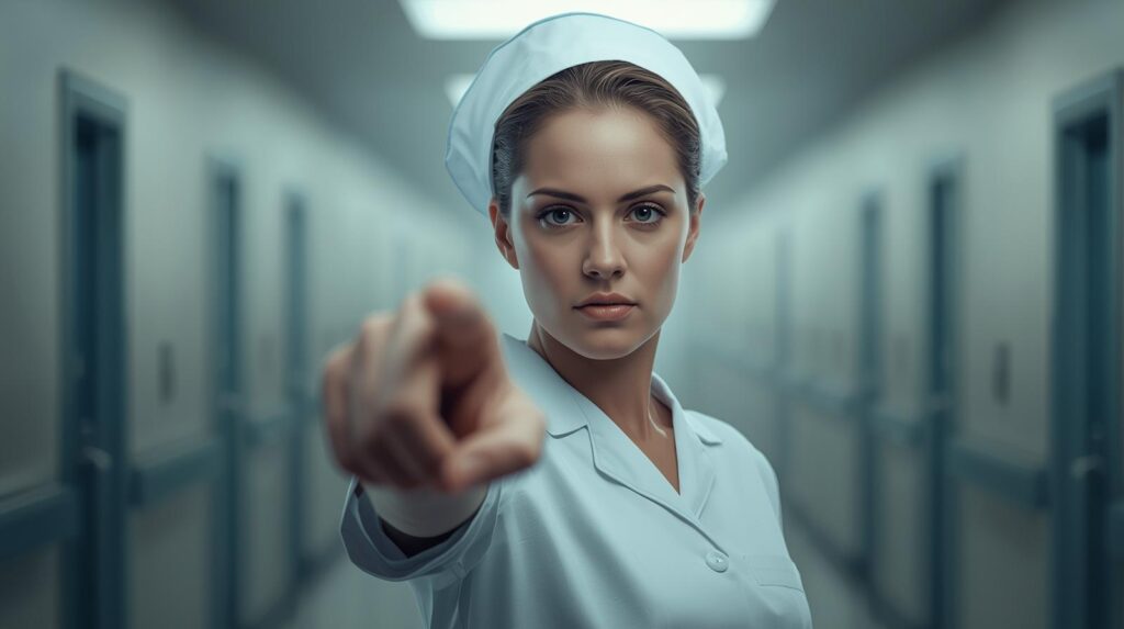 助産師が指差ししている