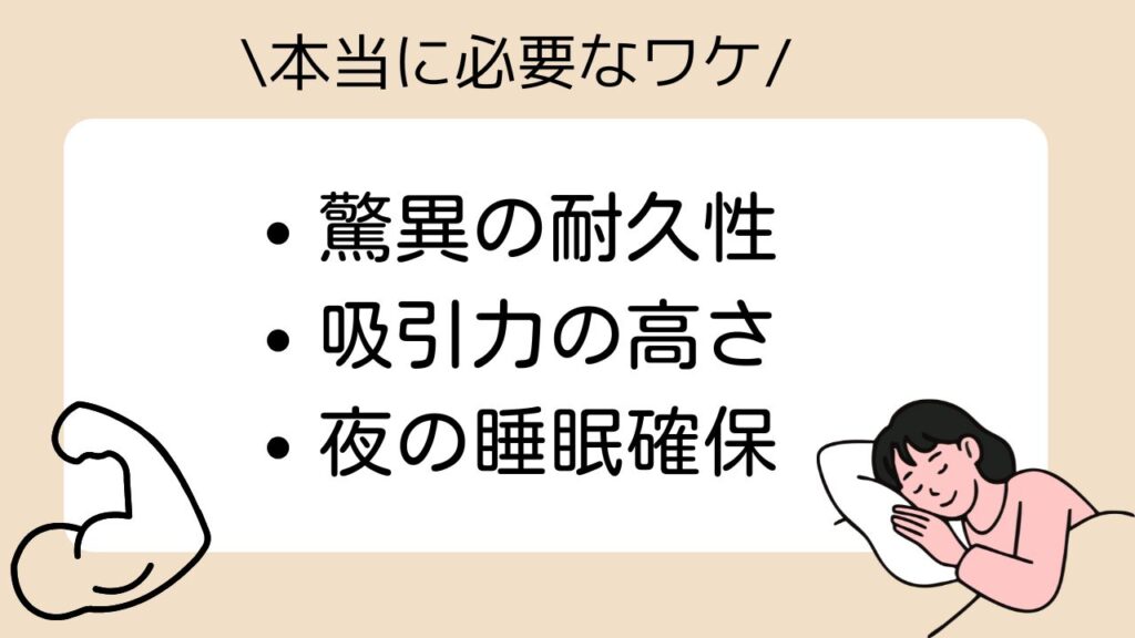 驚異の耐久性
吸引力の高さ
夜の睡眠確保