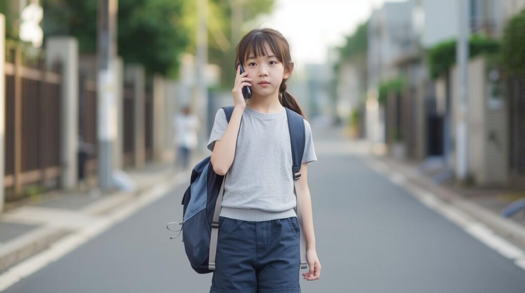 習い事の帰り道に携帯で親に連絡するイメージ図